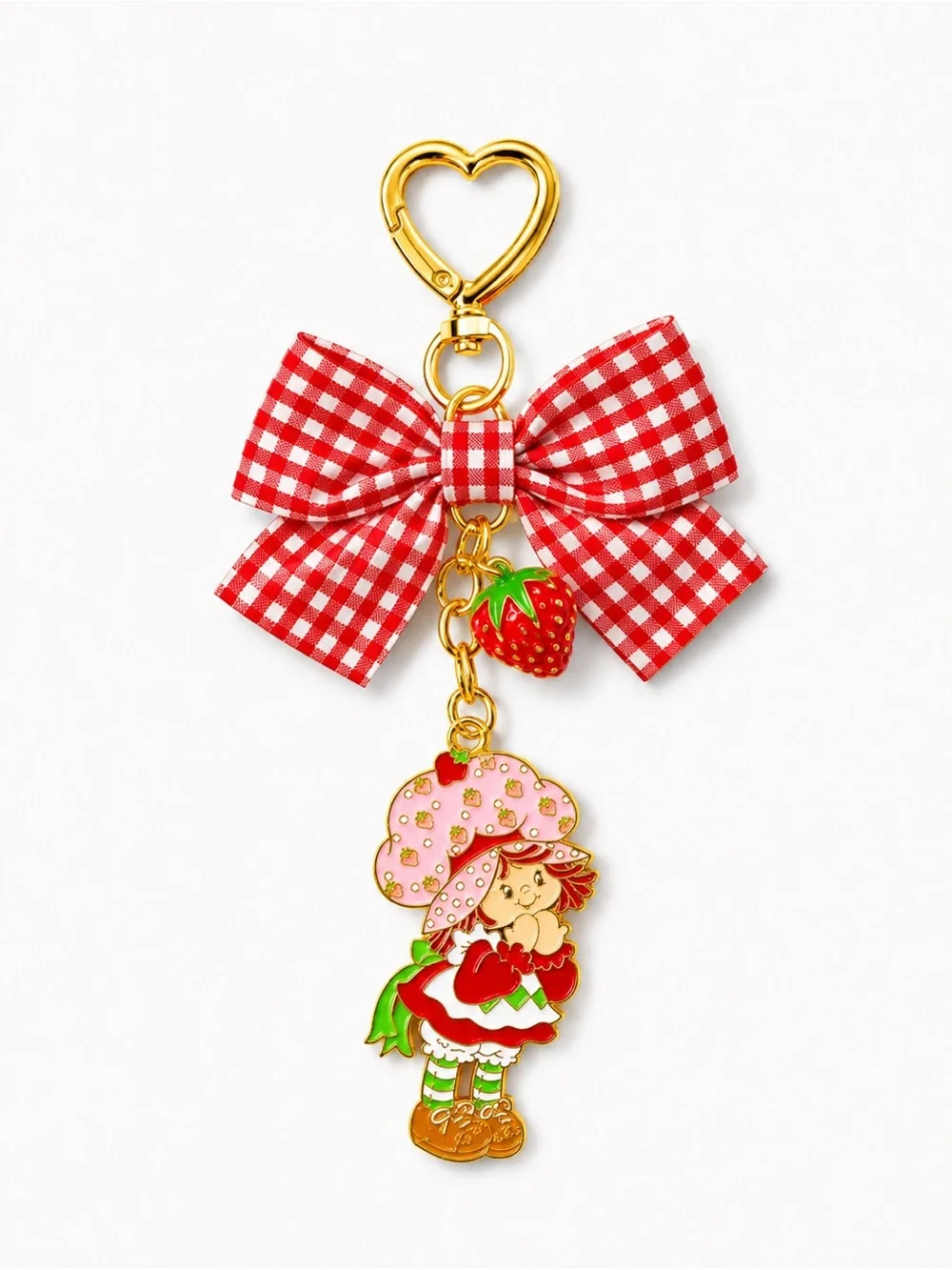 Strawberry Shortcake Bow Bag Charm Keychain – Red & Gold 🍓🔑